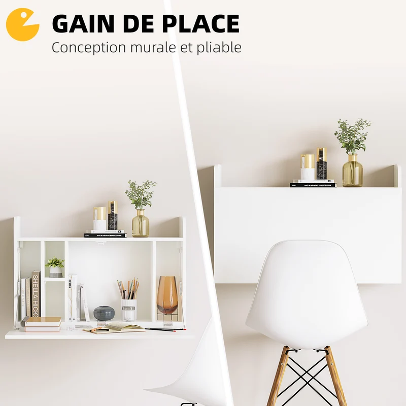 Bureau mural rabattable 77 x 20 x 51 cm gain de place rangement pour salon épuré moderne en panneau de particules blanc 21_0002485