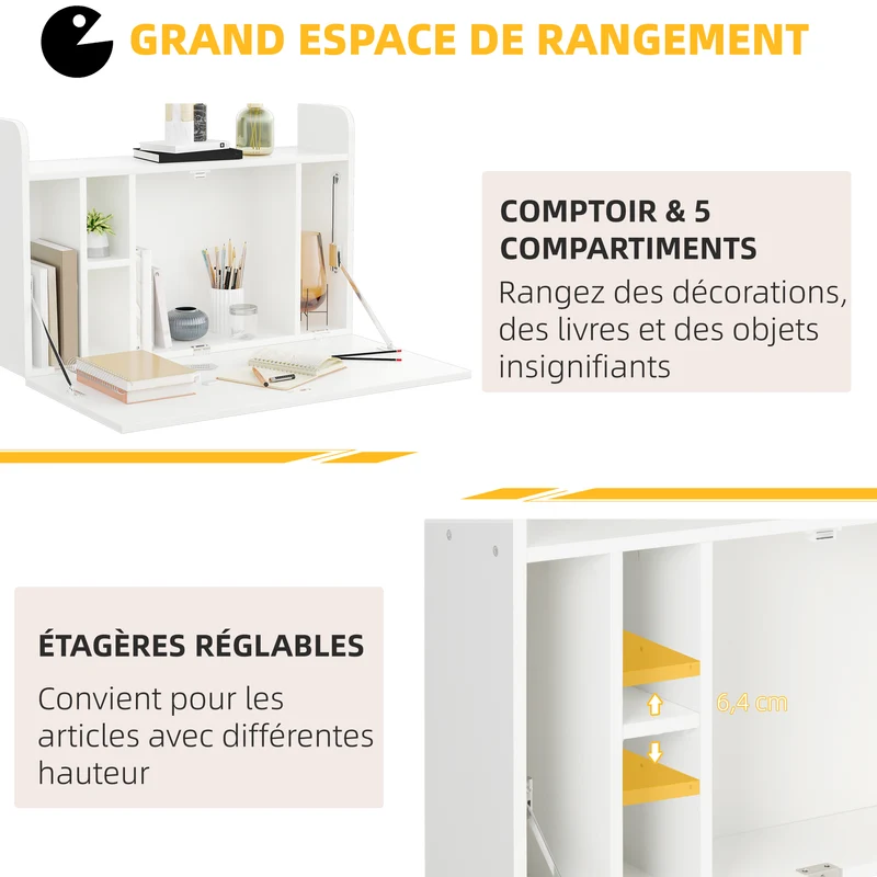 Bureau mural rabattable 77 x 20 x 51 cm gain de place rangement pour salon épuré moderne en panneau de particules blanc 21_0002485