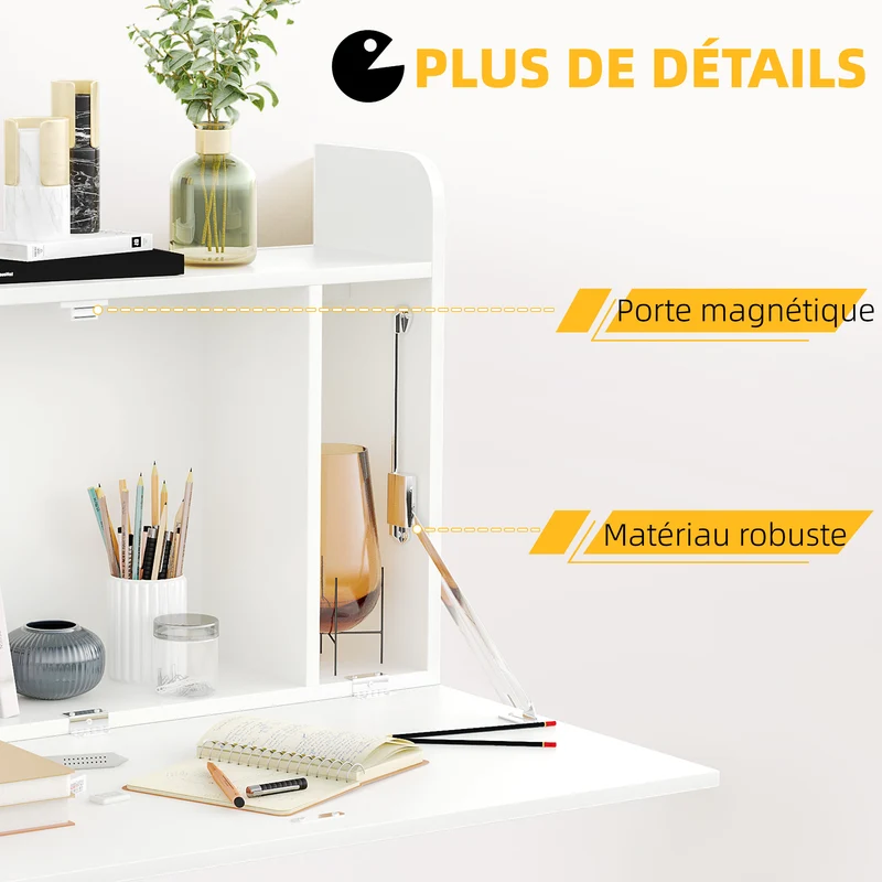 Bureau mural rabattable 77 x 20 x 51 cm gain de place rangement pour salon épuré moderne en panneau de particules blanc 21_0002485