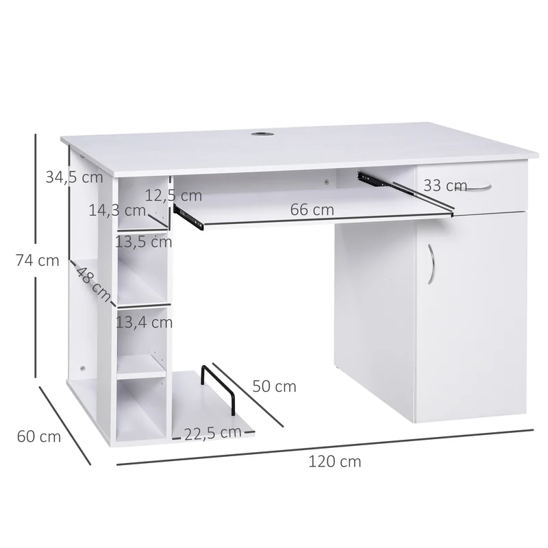 Bureau informatique multi rangements 120 x 60 x 74 cm tiroir et tablette clavier scandinave pour bureau en MDF blanc 21_0006117