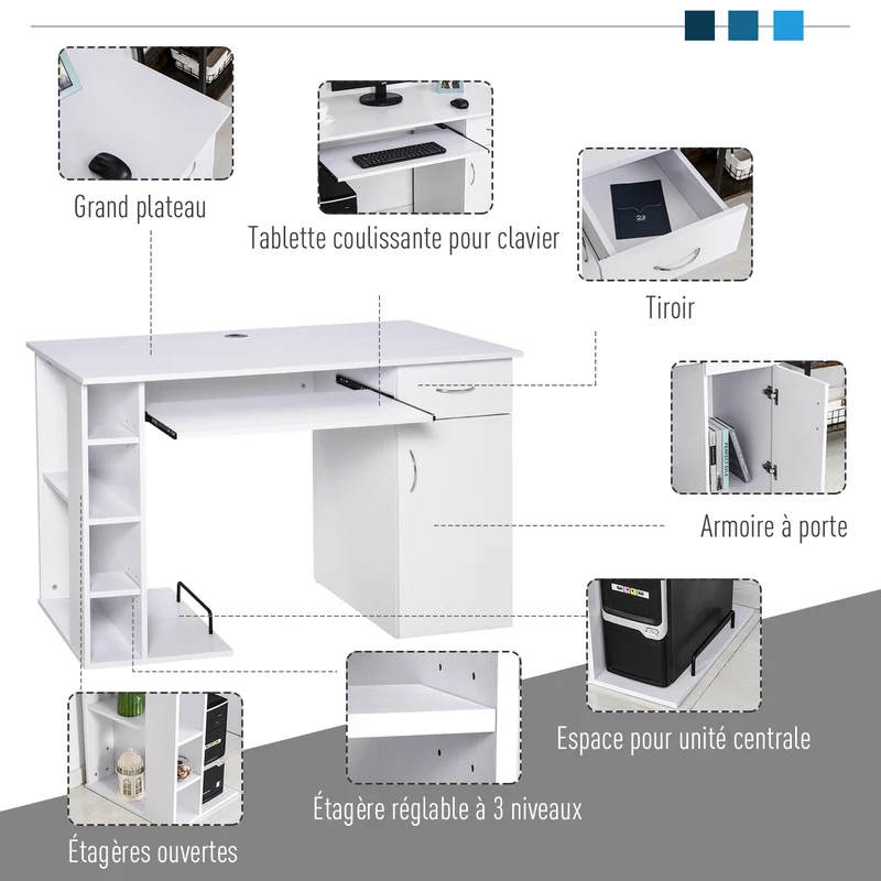 Bureau informatique multi rangements 120 x 60 x 74 cm tiroir et tablette clavier scandinave pour bureau en MDF blanc 21_0006117