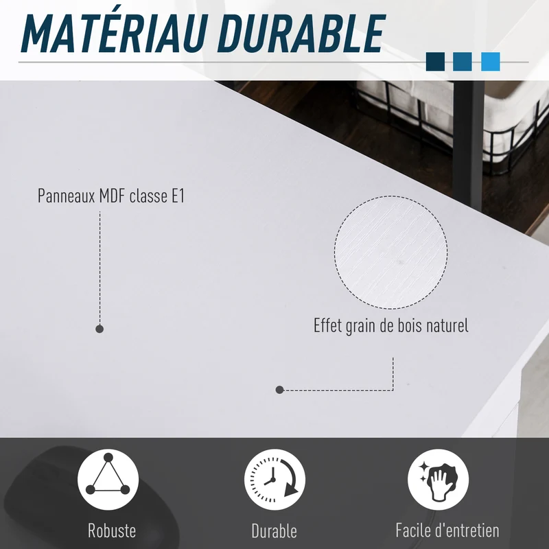 Bureau informatique multi rangements 120 x 60 x 74 cm tiroir et tablette clavier scandinave pour bureau en MDF blanc 21_0006117