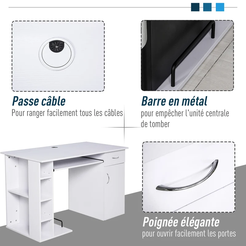 Bureau informatique multi rangements 120 x 60 x 74 cm tiroir et tablette clavier scandinave pour bureau en MDF blanc 21_0006117