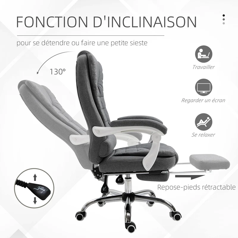 Fauteuil de bureau ergonomique 66 x 70 x 118 cm dossier inclinable reposepied pliable contemporain en lin gris 21_0006164