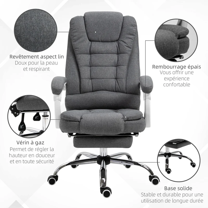 Fauteuil de bureau ergonomique 66 x 70 x 118 cm dossier inclinable reposepied pliable contemporain en lin gris 21_0006164