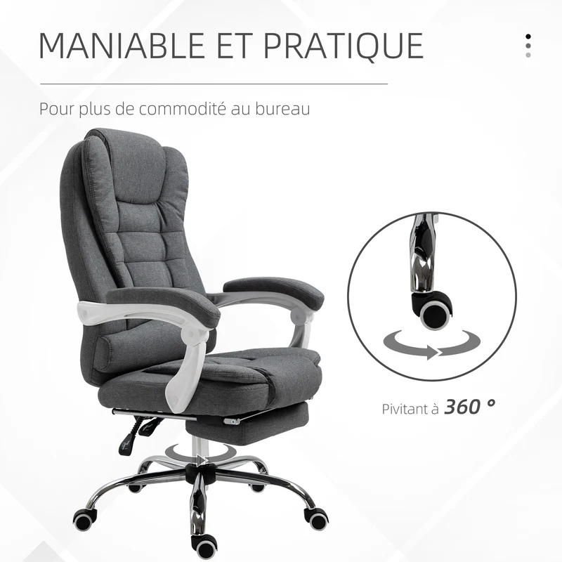 Fauteuil de bureau ergonomique 66 x 70 x 118 cm dossier inclinable reposepied pliable contemporain en lin gris 21_0006164