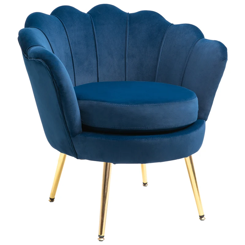 Fauteuil coquillage salon chambre 76 x 67 x 74 cm assise moelleuse rembourrée style vintage décoratif en polyester bleu 21_0003004