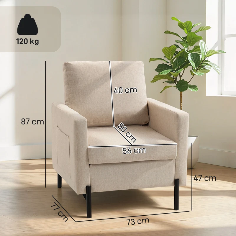 Fauteuil 1 place salon rembourré accoudoirs 73 x 77 x 87 cm assise mousse confortable contemporain chic en lin beige 21_0003118
