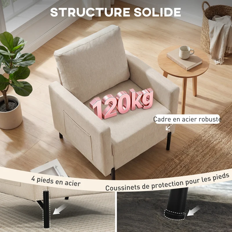 Fauteuil 1 place salon rembourré accoudoirs 73 x 77 x 87 cm assise mousse confortable contemporain chic en lin beige 21_0003118