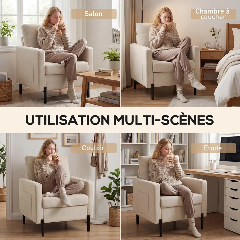 Fauteuil 1 place salon rembourré accoudoirs 73 x 77 x 87 cm assise mousse confortable contemporain chic en lin beige 21_0003118
