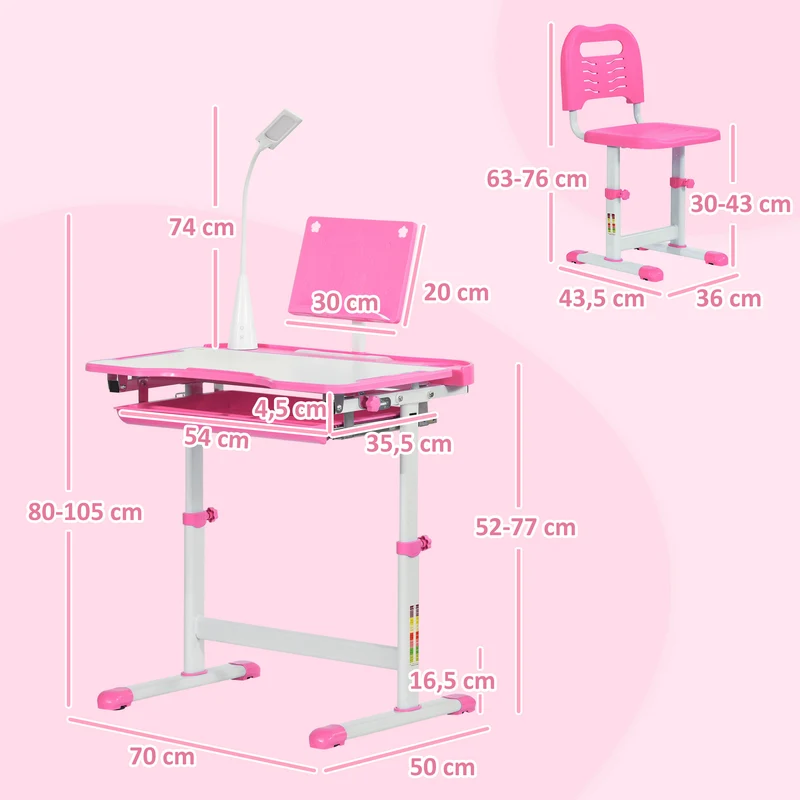 Ensemble bureau et chaise pour enfant 70 x 50 x 80-105 cm hauteur réglable plateau inclinable moderne épuré en MDF rose 21_0000195