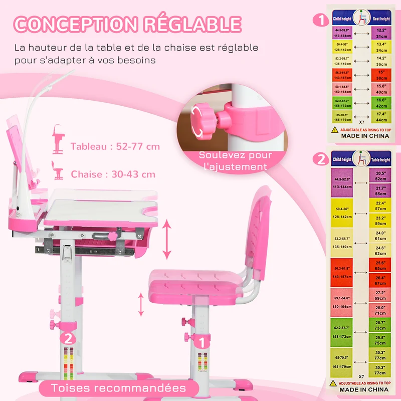 Ensemble bureau et chaise pour enfant 70 x 50 x 80-105 cm hauteur réglable plateau inclinable moderne épuré en MDF rose 21_0000195