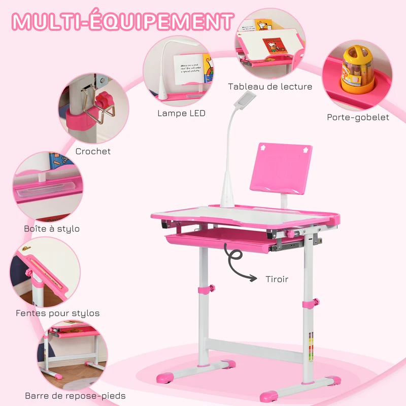 Ensemble bureau et chaise pour enfant 70 x 50 x 80-105 cm hauteur réglable plateau inclinable moderne épuré en MDF rose 21_0000195