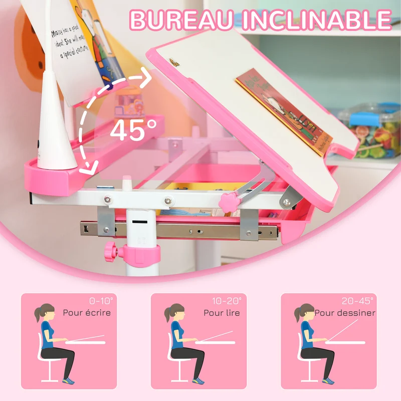Ensemble bureau et chaise pour enfant 70 x 50 x 80-105 cm hauteur réglable plateau inclinable moderne épuré en MDF rose 21_0000195