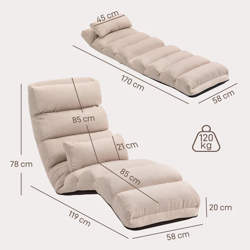Chauffeuse 1 place convertible 58 x 119 x 78 cm dossier réglable 5 positions assise mousse moderne en polyester beige 21_0003505