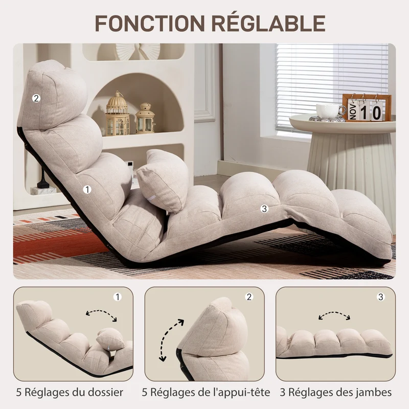 Chauffeuse 1 place convertible 58 x 119 x 78 cm dossier réglable 5 positions assise mousse moderne en polyester beige 21_0003505