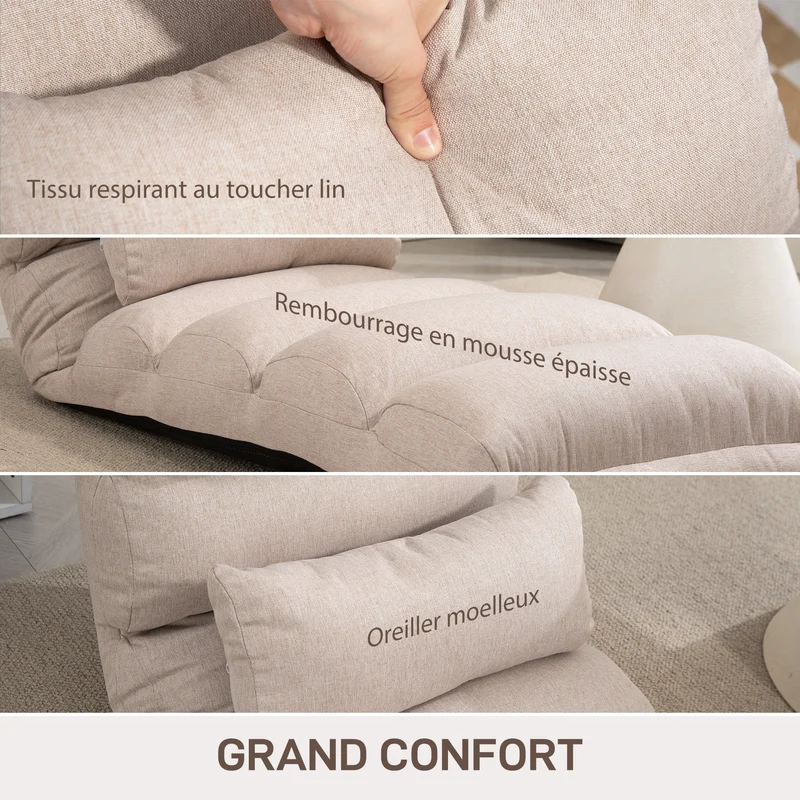 Chauffeuse 1 place convertible 58 x 119 x 78 cm dossier réglable 5 positions assise mousse moderne en polyester beige 21_0003505
