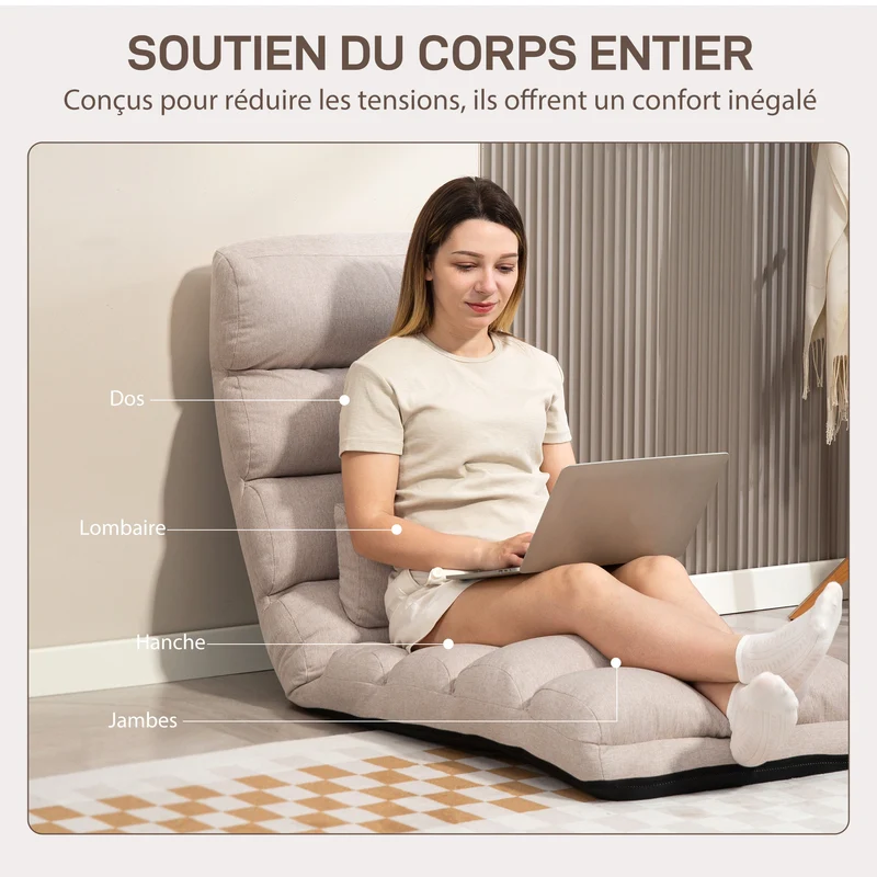 Chauffeuse 1 place convertible 58 x 119 x 78 cm dossier réglable 5 positions assise mousse moderne en polyester beige 21_0003505