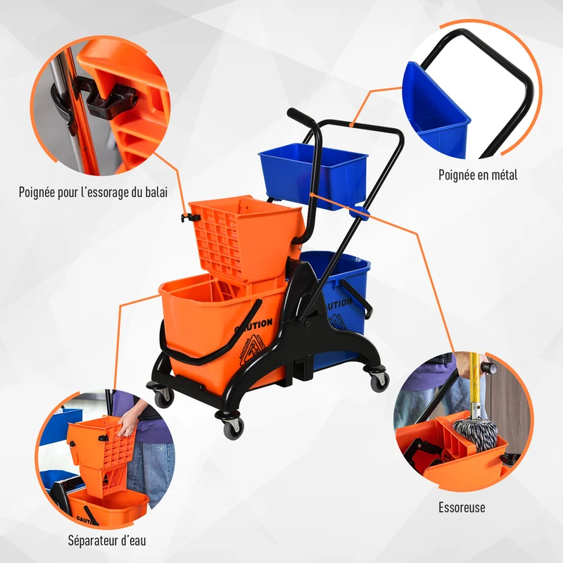 Chariot de ménage essoreuse latérale 78 x 45 x 95 cm rapide facile à manœuvrer style industriel en polypropylène orange 21_0000928