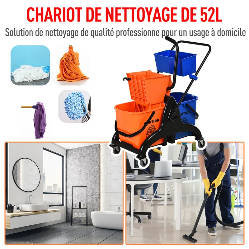 Chariot de ménage essoreuse latérale 78 x 45 x 95 cm rapide facile à manœuvrer style industriel en polypropylène orange 21_0000928