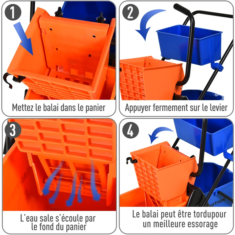 Chariot de ménage essoreuse latérale 78 x 45 x 95 cm rapide facile à manœuvrer style industriel en polypropylène orange 21_0000928