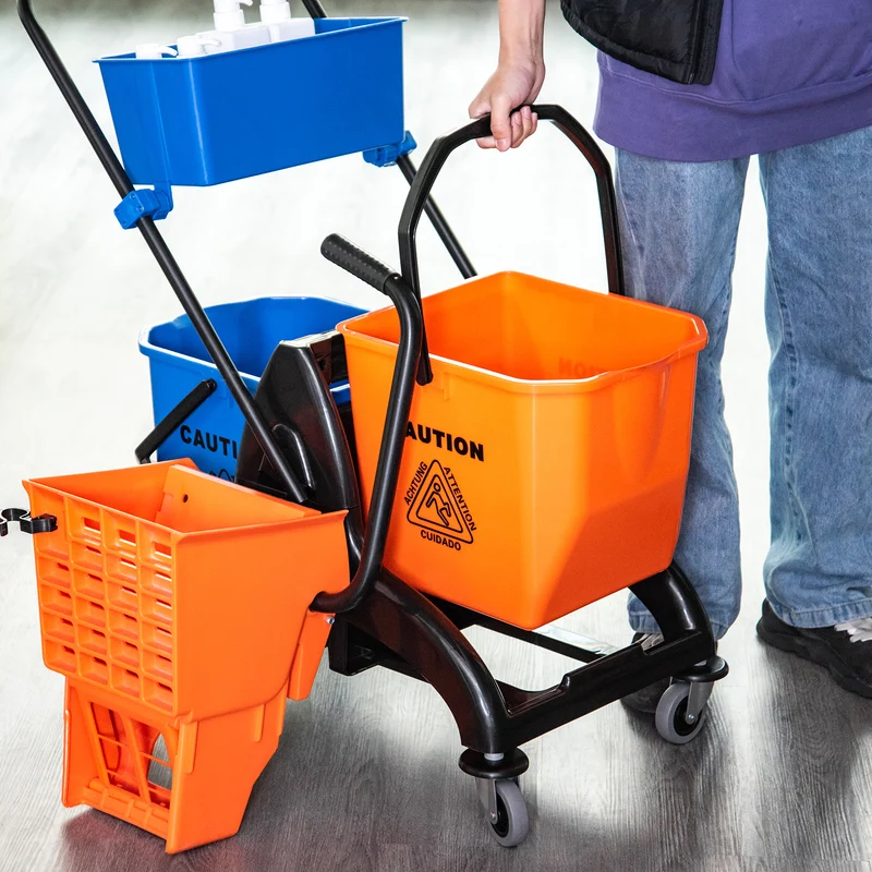 Chariot de ménage essoreuse latérale 78 x 45 x 95 cm rapide facile à manœuvrer style industriel en polypropylène orange 21_0000928
