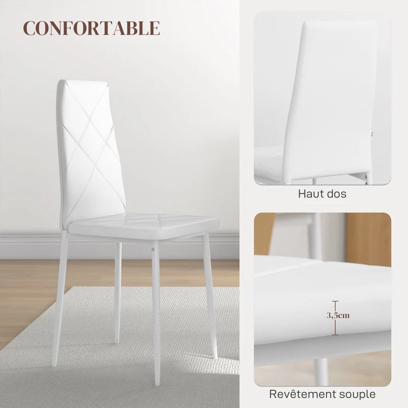 Chaise de salle à manger dossier haut assise capitonnée 41 x 50 x 97 cm antidérapant design entretien facile en PU blanc 21_0002316