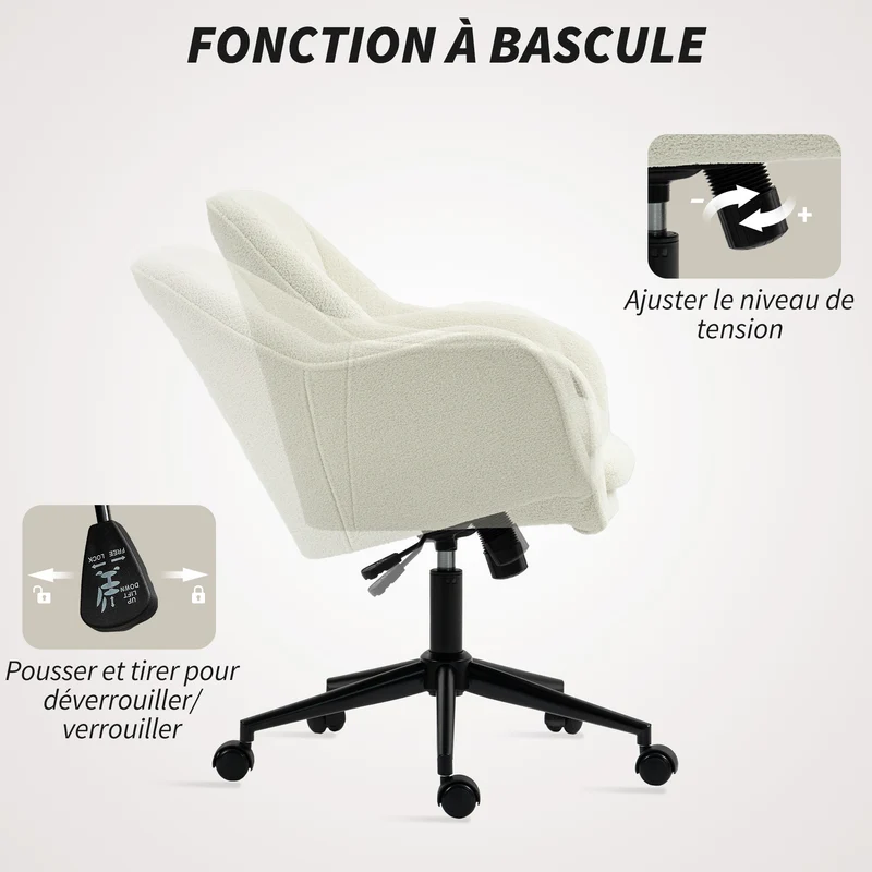 Chaise de bureau capitonnée ergonomique hauteur réglable bascule 60 x 63 x 84-94 cm moderne épuré en polyester beige 21_0006316