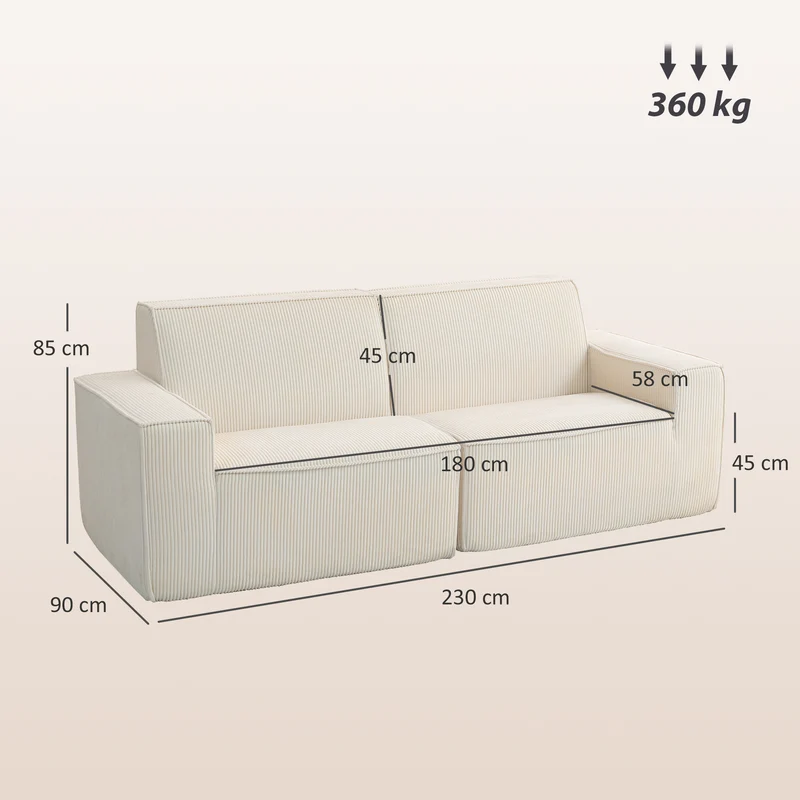Canapé 3 places salon 230 x 90 x 85 cm assise mousse haute densité base antidérapante moderne en velours côtelé beige 21_0003508