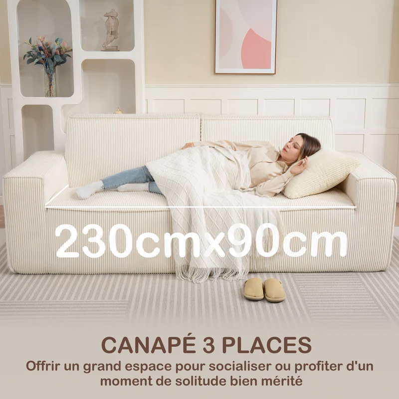 Canapé 3 places salon 230 x 90 x 85 cm assise mousse haute densité base antidérapante moderne en velours côtelé beige 21_0003508