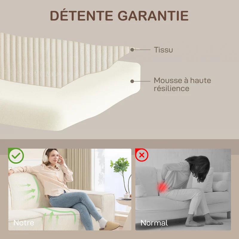 Canapé 3 places salon 230 x 90 x 85 cm assise mousse haute densité base antidérapante moderne en velours côtelé beige 21_0003508