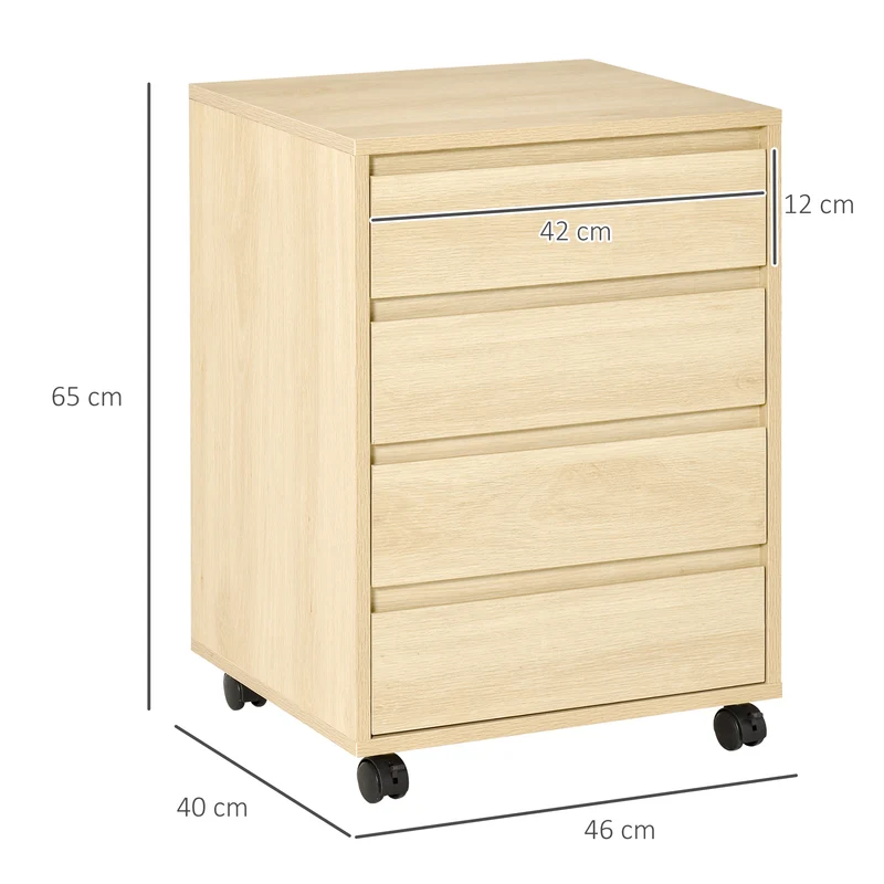 Caisson de bureau sur roulettes 46 x 40 x 65 cm 4 tiroirs coulissants gain de place design épuré en MDF bois naturel 21_0002464