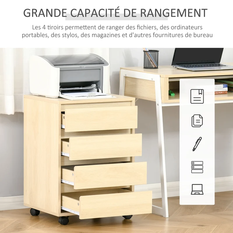 Caisson de bureau sur roulettes 46 x 40 x 65 cm 4 tiroirs coulissants gain de place design épuré en MDF bois naturel 21_0002464