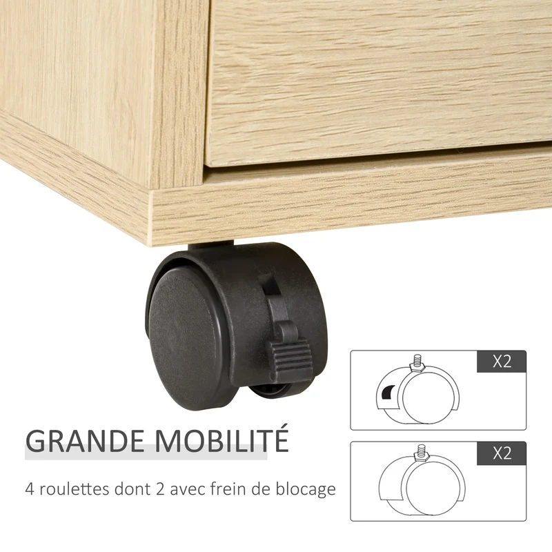 Caisson de bureau sur roulettes 46 x 40 x 65 cm 4 tiroirs coulissants gain de place design épuré en MDF bois naturel 21_0002464
