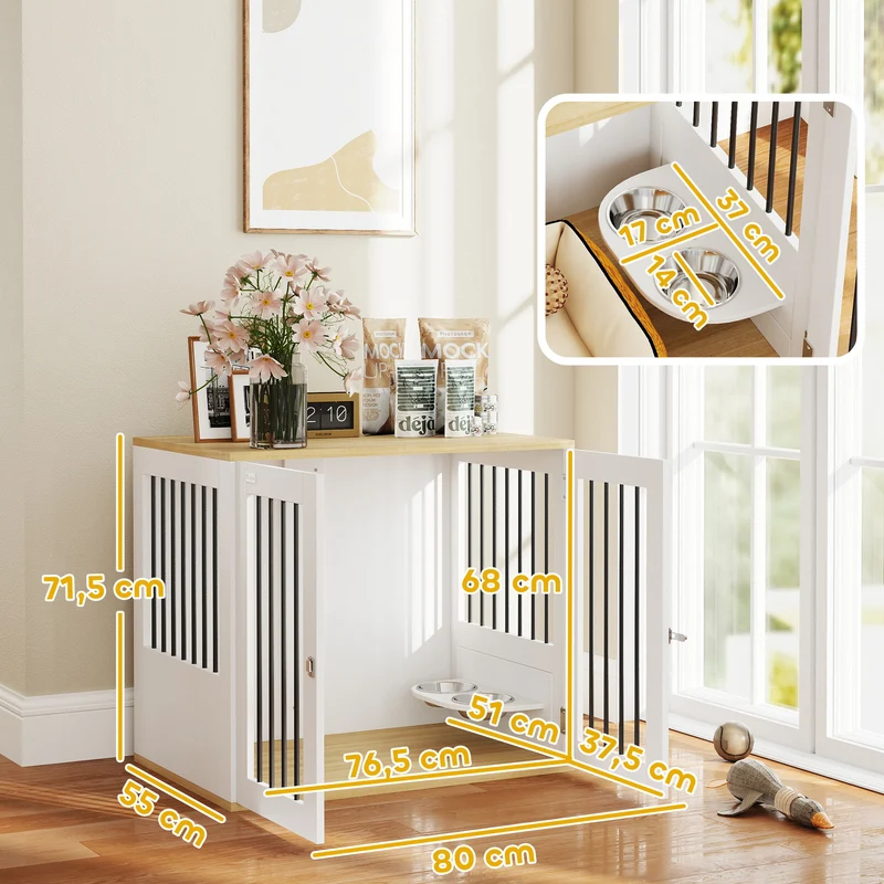 Cage pour chien table d'appoint 80 x 55 x 71,5 cm bols rotatifs amovibles style moderne en panneau de particules blanc 21_0007310