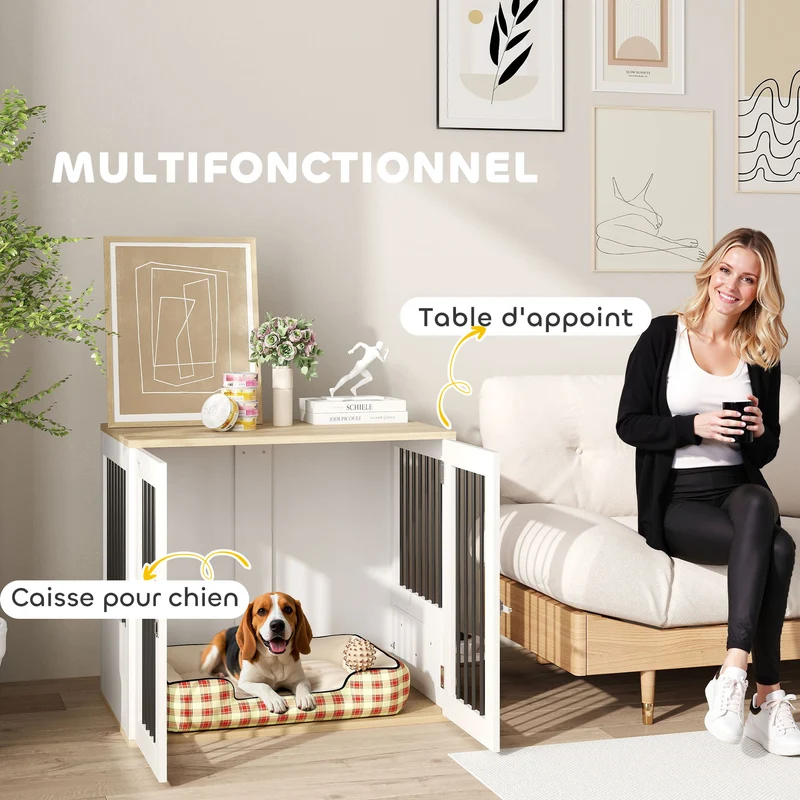 Cage pour chien table d'appoint 80 x 55 x 71,5 cm bols rotatifs amovibles style moderne en panneau de particules blanc 21_0007310