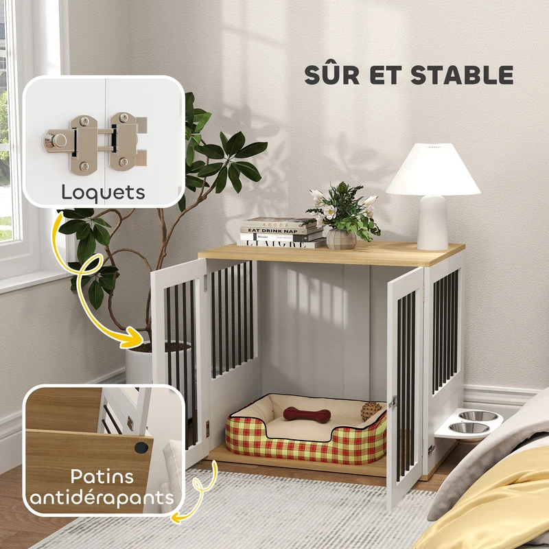 Cage pour chien table d'appoint 80 x 55 x 71,5 cm bols rotatifs amovibles style moderne en panneau de particules blanc 21_0007310