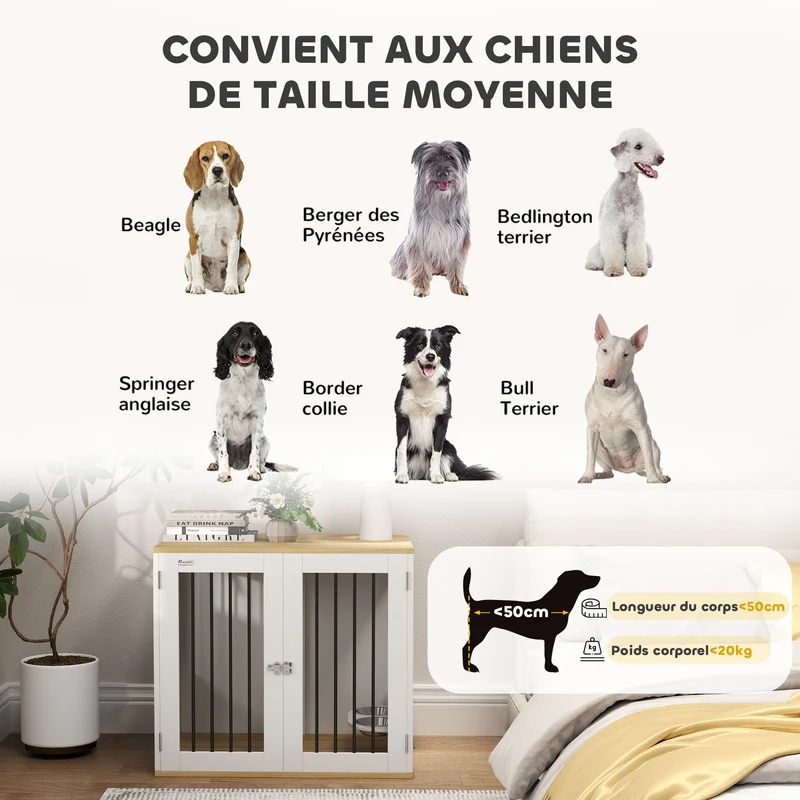Cage pour chien table d'appoint 80 x 55 x 71,5 cm bols rotatifs amovibles style moderne en panneau de particules blanc 21_0007310