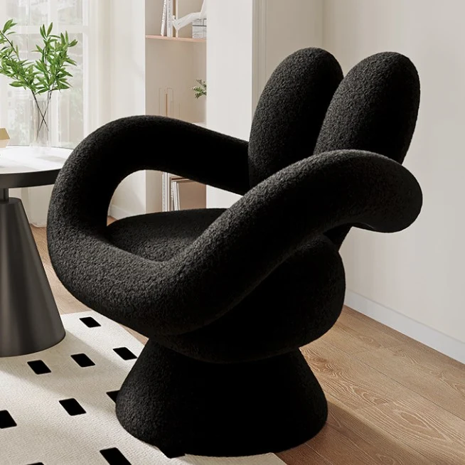 Contemporary Nordic Lamb Fleece Solid Wood Plywood Round Rabbit Accent Chair Swivel Armrest Backrest For Living Room