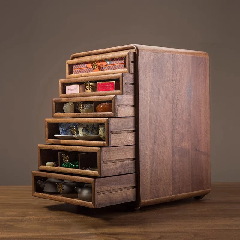 Contemporary Retro Black Walnut Copper Glass Square Storage Cabinet 6-Drawer For Living Room