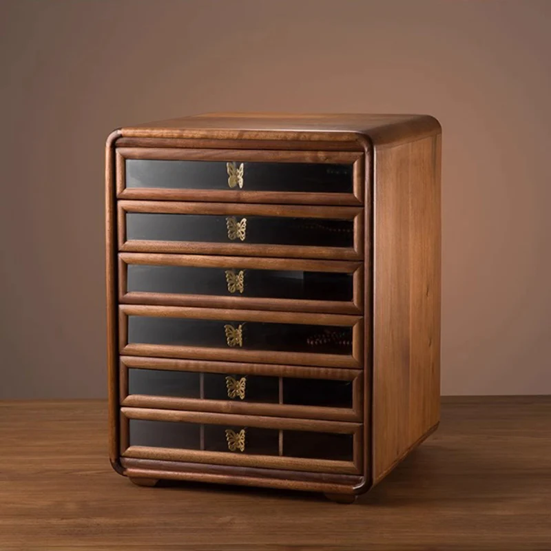 Contemporary Retro Black Walnut Copper Glass Square Storage Cabinet 6-Drawer For Living Room