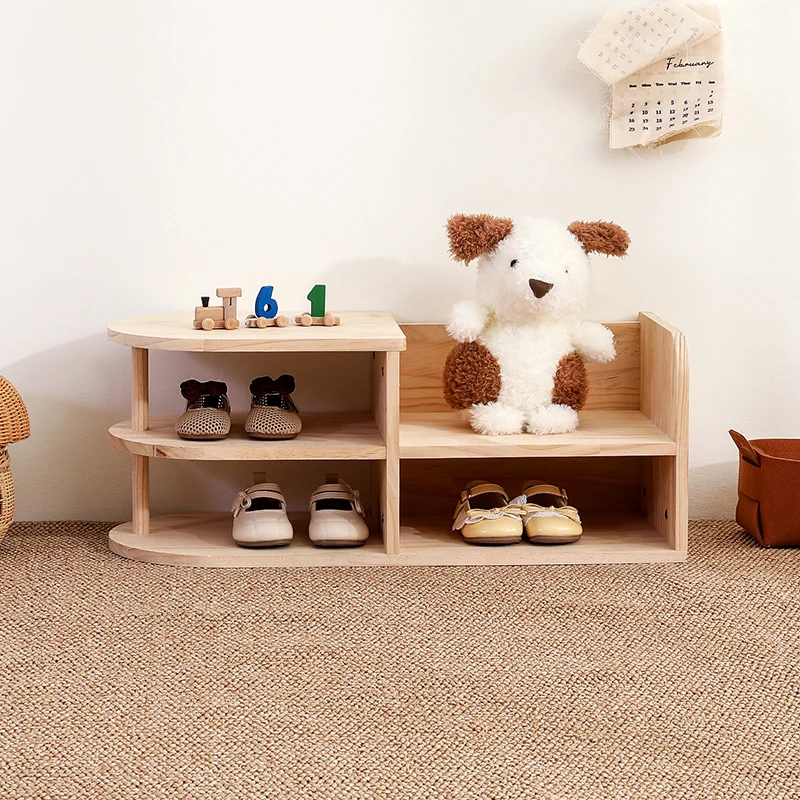 Traditional Japanese Pine Wood Curved Square Kids Shoe Rack With 2-Tier For Living Room