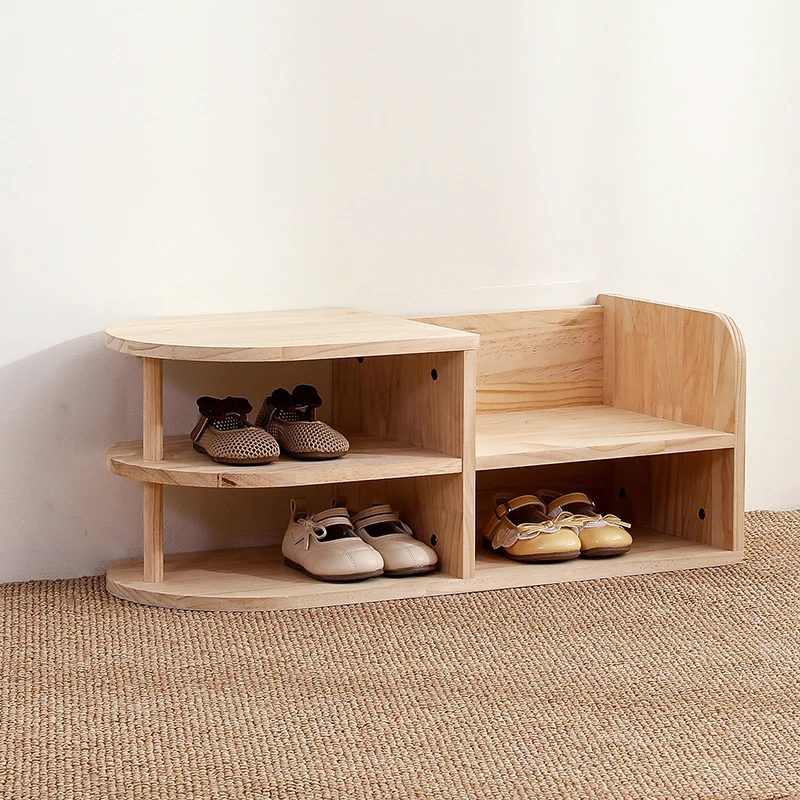Traditional Japanese Pine Wood Curved Square Kids Shoe Rack With 2-Tier For Living Room
