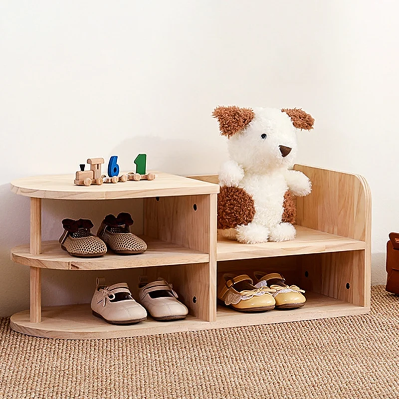 Traditional Japanese Pine Wood Curved Square Kids Shoe Rack With 2-Tier For Living Room