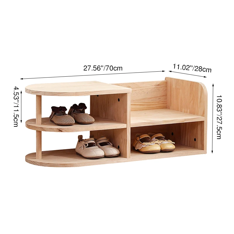 Traditional Japanese Pine Wood Curved Square Kids Shoe Rack With 2-Tier For Living Room