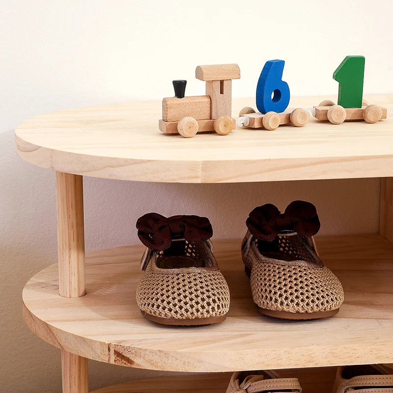 Traditional Japanese Pine Wood Curved Square Kids Shoe Rack With 2-Tier For Living Room