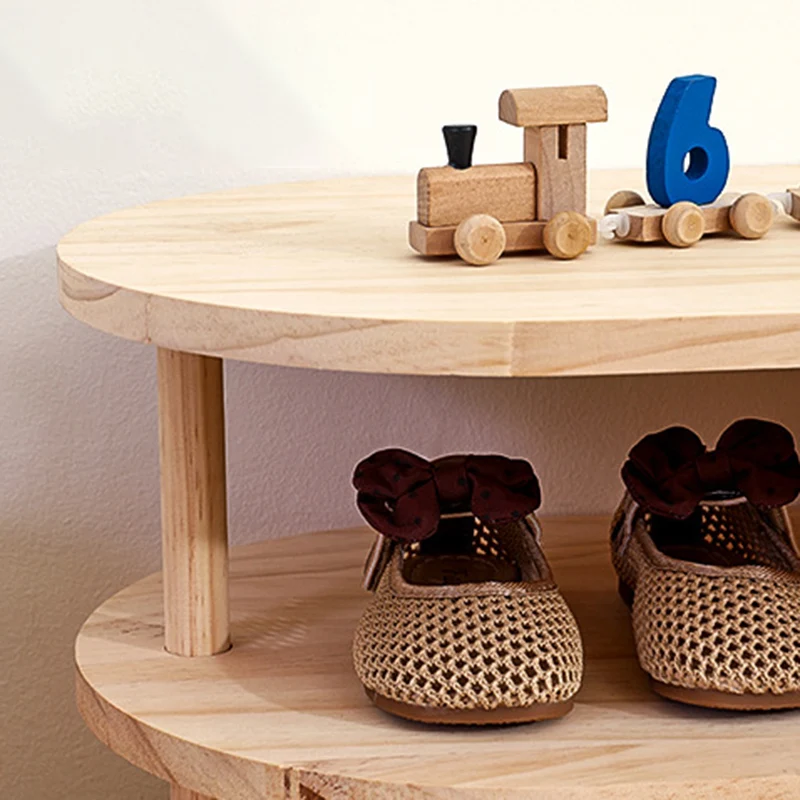 Traditional Japanese Pine Wood Curved Square Kids Shoe Rack With 2-Tier For Living Room