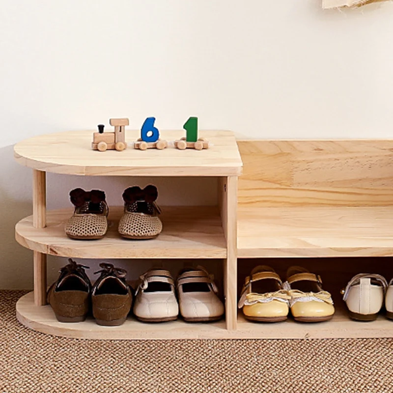 Traditional Japanese Pine Wood Curved Square Kids Shoe Rack With 2-Tier For Living Room