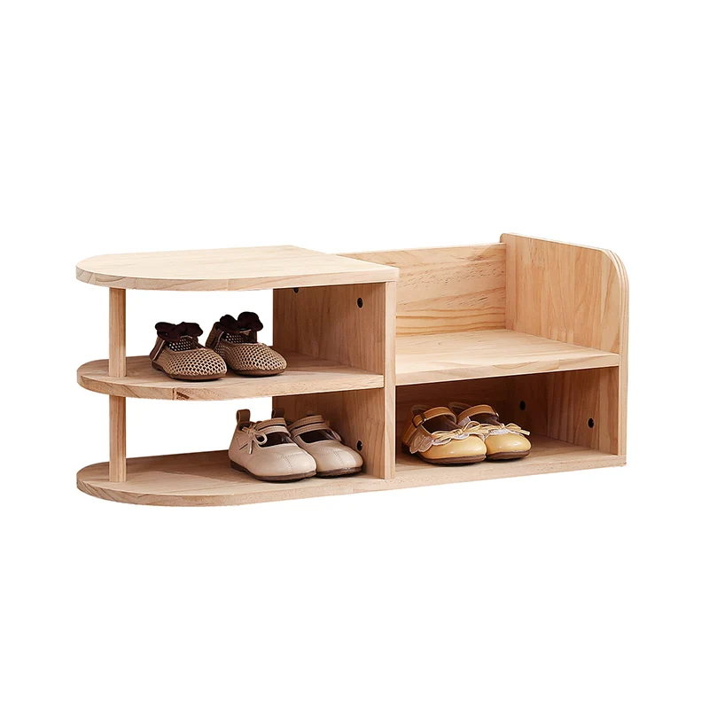 Traditional Japanese Pine Wood Curved Square Kids Shoe Rack With 2-Tier For Living Room
