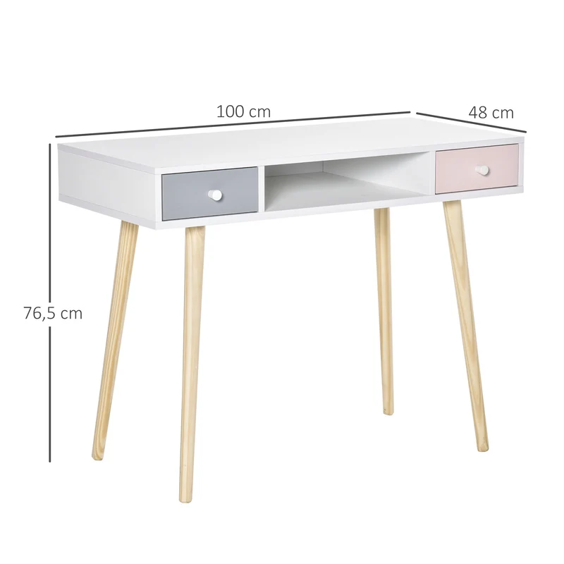 Bureau enfant scandinave chambre 100 x 48 x 76.5 cm 2 tiroirs rangement pieds effilés épuré contemporain en MDF blanc 21_0000188